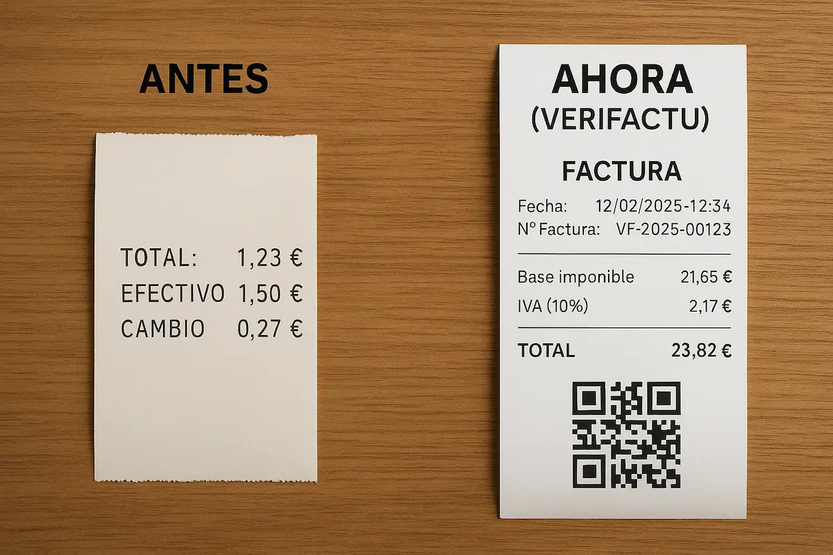 Imagen dividida mostrando a la izquierda un ticket de caja antiguo simple y a la derecha un nuevo ticket Verifactu con código QR y datos fiscales detallados.