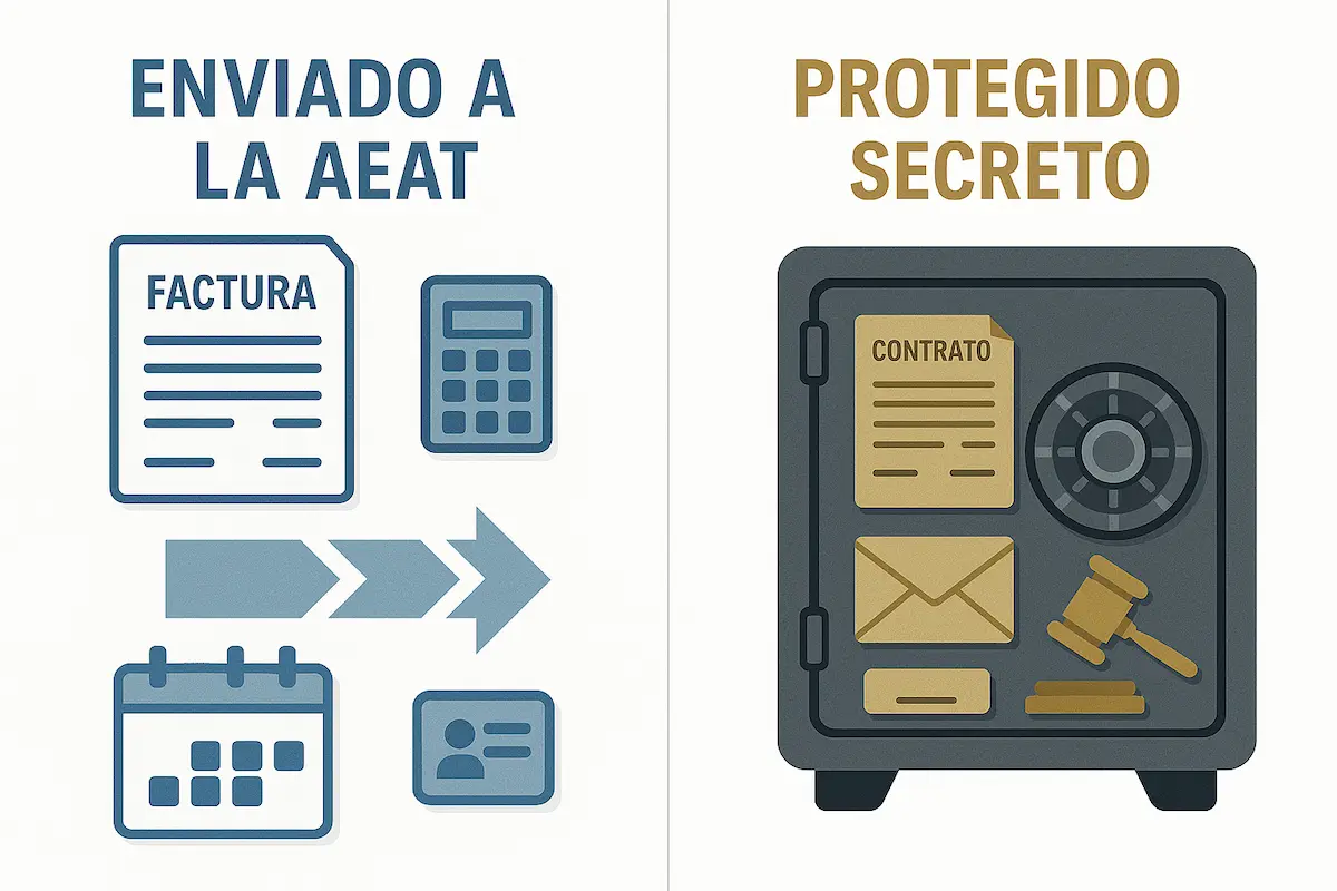 VeriFactu para Abogados: Guía Obligatoria 2025 (Adiós Word) 1 Infografía comparativa mostrando qué datos envía VeriFactu a Hacienda y qué datos del expediente judicial permanecen protegidos.