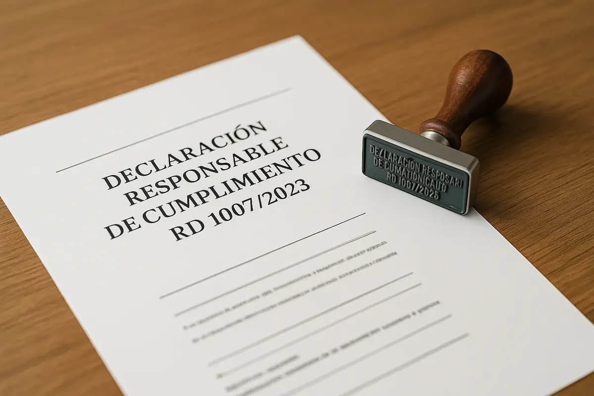 Imagen conceptual de un documento oficial con un sello de goma que dice 'Declaración Responsable', simbolizando la garantía del proveedor.