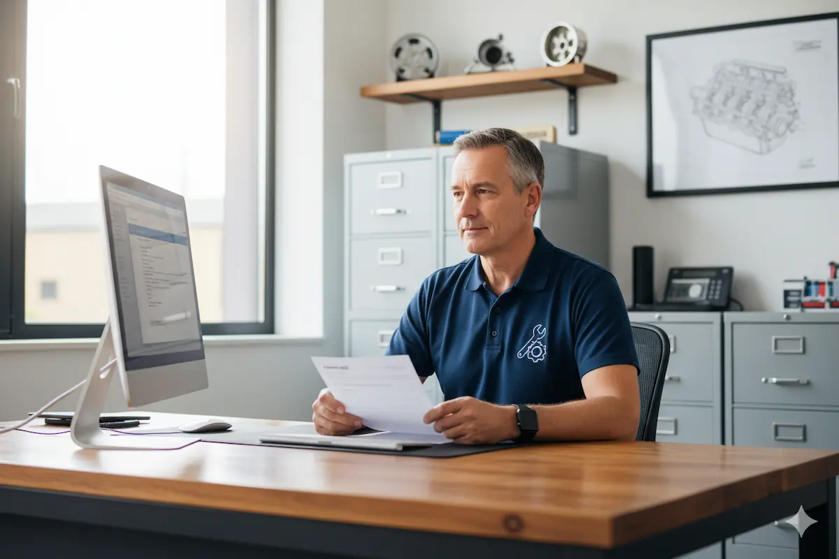 Foto de un gerente de un taller mecánico revisando facturas en un ordenador, con una expresión de tranquilidad.