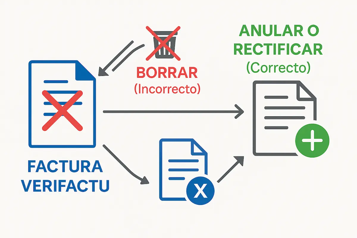 Esquema que muestra que no se puede borrar una factura Verifactu errónea, solo se puede anular o rectificar.