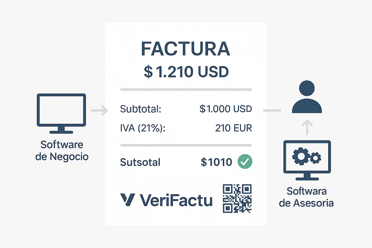 ¿El Sistema VeriFactu Está Preparado para Facturar en Diferentes Divisas? 1 Infografía mostrando una factura en dólares que cumple con VeriFactu al mostrar el IVA desglosado en euros.
