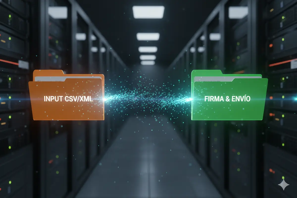Representación visual de carpetas calientes (hot folders) intercambiando archivos XML y CSV para facturación