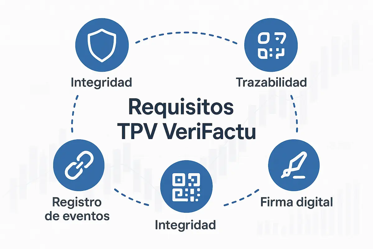 Requisitos TPV VeriFactu 2025: Guía Para Cumplir y Evitar Multas 1 Infografía mostrando los 5 requisitos clave que un TPV debe cumplir para ser legal bajo la normativa VeriFactu en 2025.