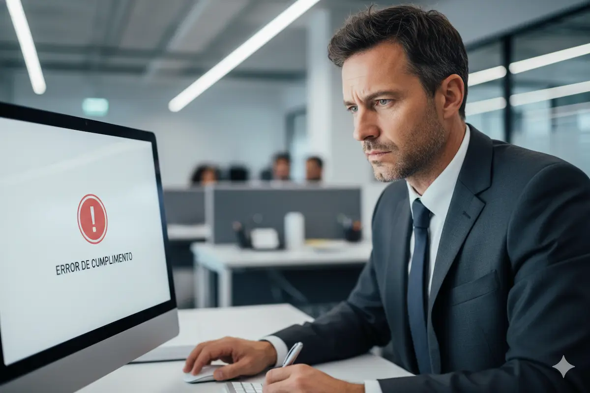 Empresario preocupado mirando una pantalla con una alerta de error de cumplimiento normativo