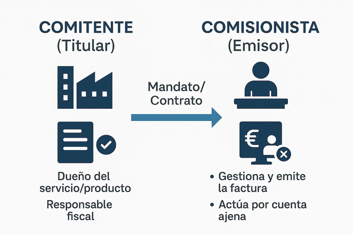 Infografía que diferencia los roles del Comitente (titular del negocio) y del Comisionista (quien emite la factura) en el sistema VeriFactu.