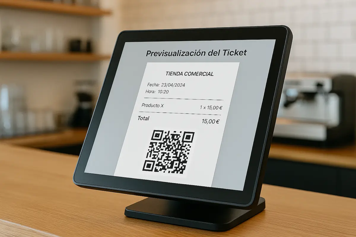 Pantalla de un TPV actualizado a VeriFactu, mostrando un ticket con su código QR antes de imprimir.
