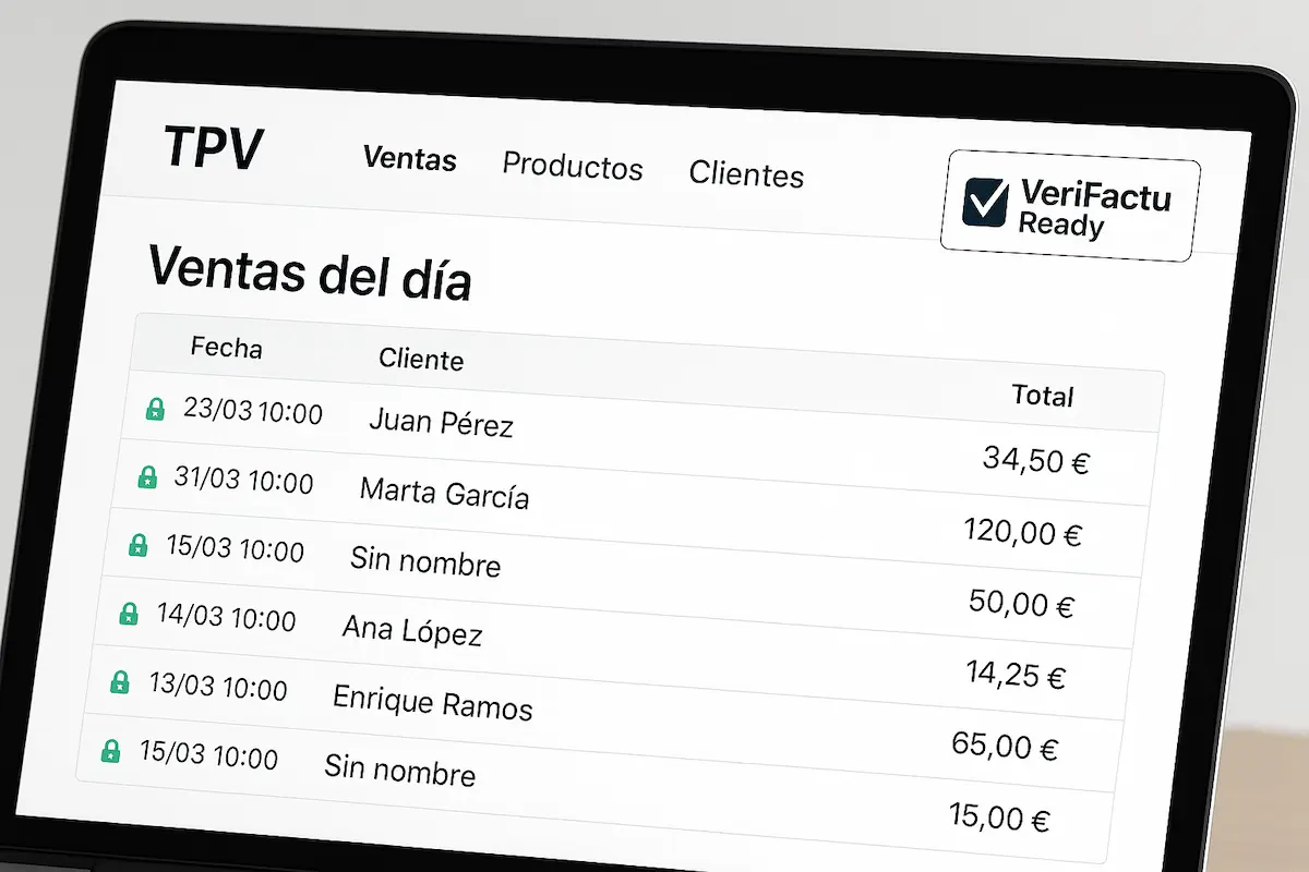 Interfaz de un software de TPV moderno y compatible con VeriFactu mostrando un listado de ventas seguras.