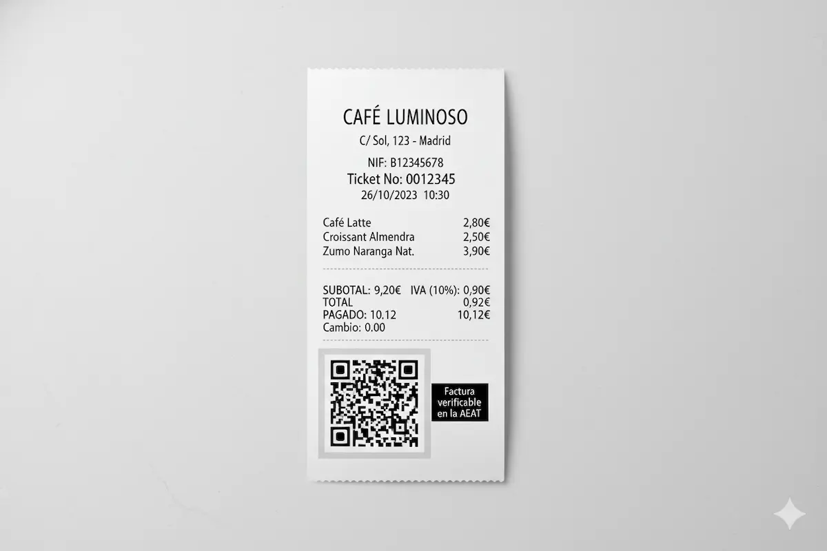 Ejemplo de un ticket de compra que incluye un código QR, cumpliendo con la normativa VeriFactu.