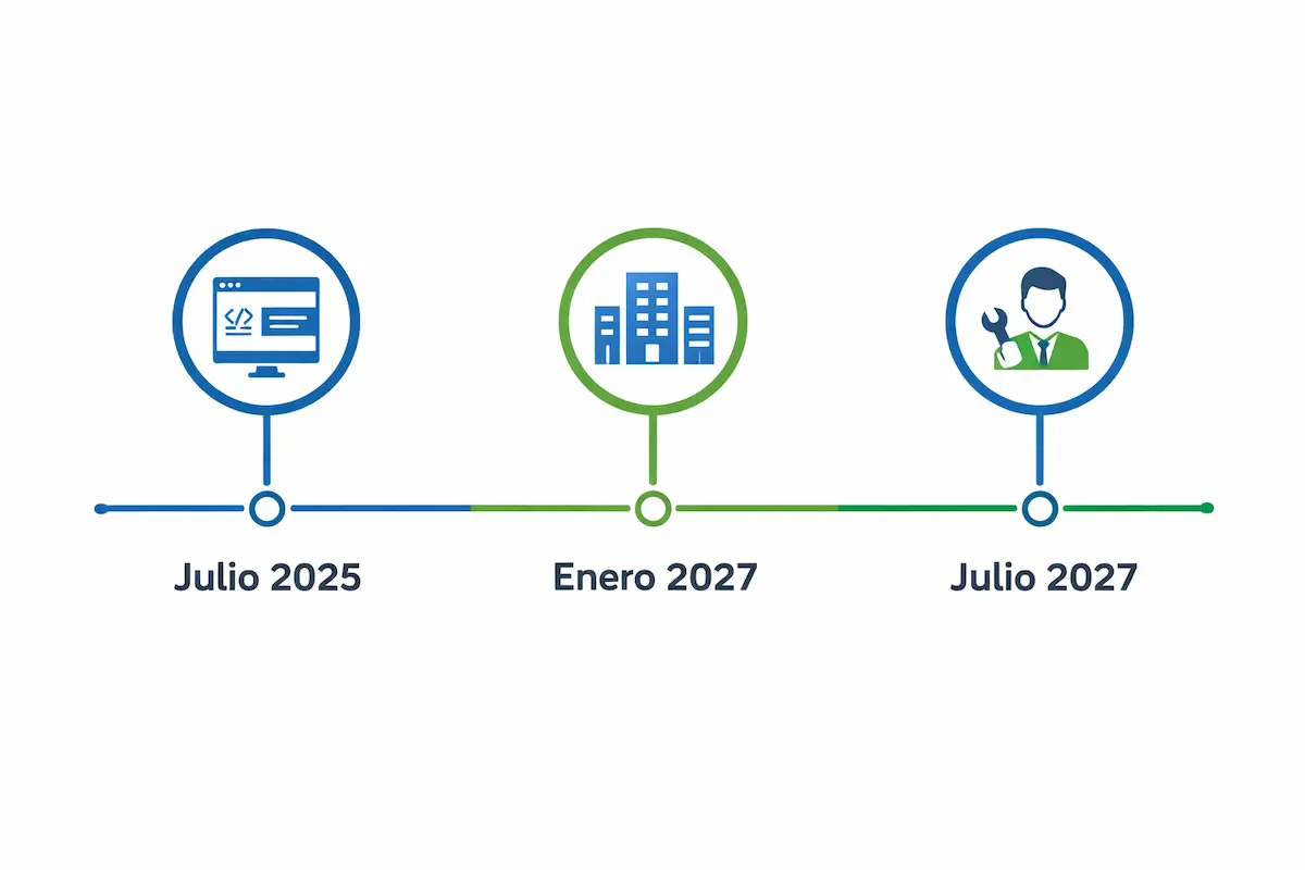 Infografía línea de tiempo con los nuevos plazos de Verifactu hasta 2027.