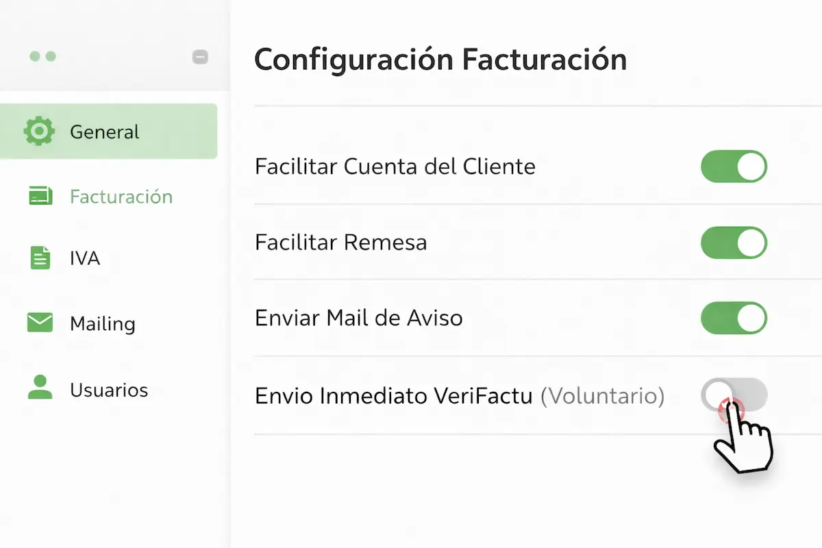 Captura de pantalla simulada mostrando cómo desactivar la opción VeriFactu en un panel de configuración de software.
