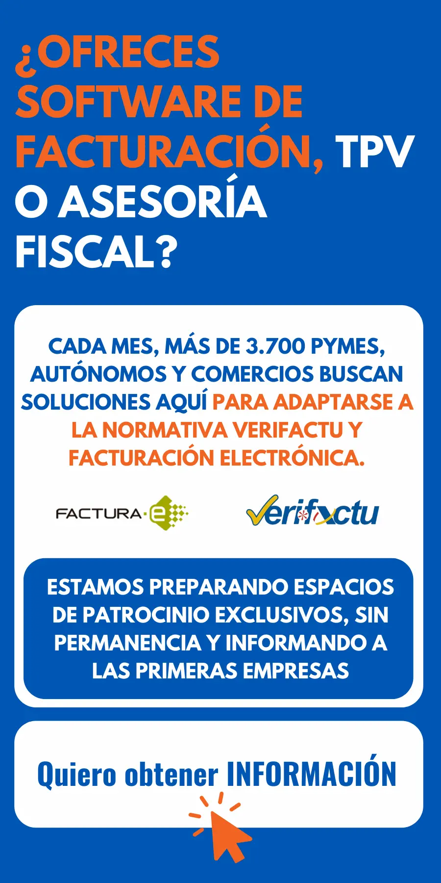 Banner para patrocinar LeyFacturaElectronica, dirigido a empresas de software de facturación y asesorías que quieran llegar a más de 3.700 pymes y autónomos.