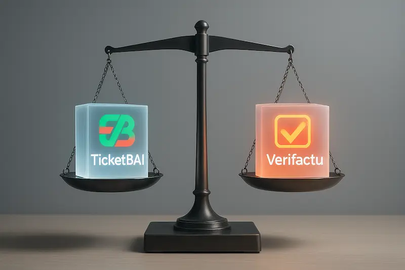 Una balanza de la justicia equilibrando dos bloques de documentos, uno con el logo de Verifactu y otro con el de TicketBAI, simbolizando las diferencias entre ambas normativas.