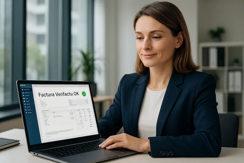 Una persona autónoma en su escritorio emitiendo una factura con Verifactu en su ordenador portátil, que muestra una interfaz de software de facturación con un check verde de cumplimiento.