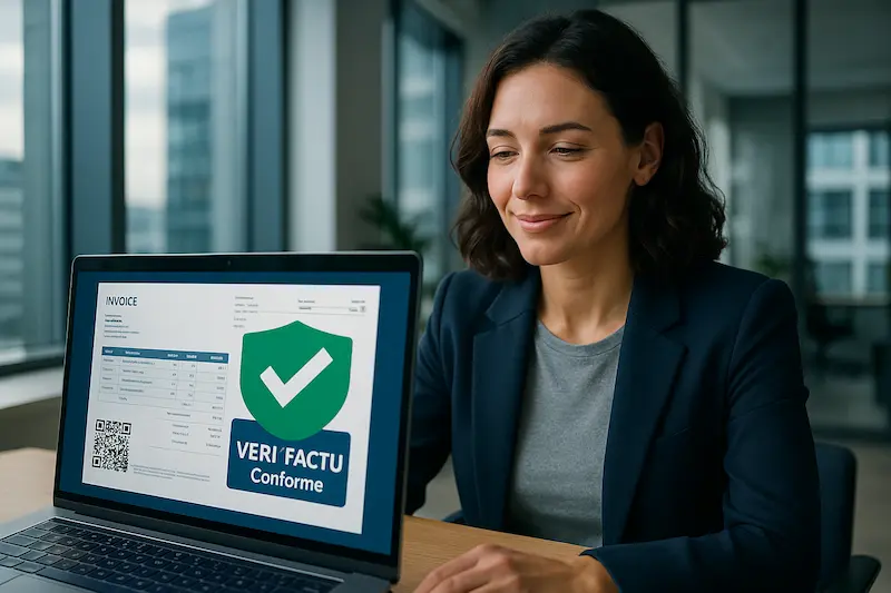 Una empresaria examina una interfaz de software en su ordenador portátil que muestra una marca de verificación verde de cumplimiento Verifactu, con un código QR visible en una factura en pantalla, simbolizando cómo verificar si mi software cumple verifactu.