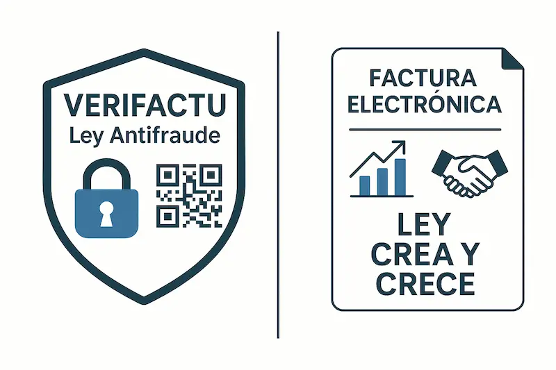 Verifactu y ley crea y crece diferencias. Dos documentos, uno representando la seguridad técnica de Verifactu y otro la factura electrónica B2B de la Ley Crea y Crece, mostrando sus diferencias.