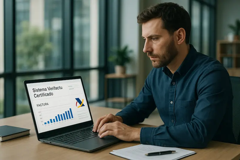 Una empresaria en su oficina revisando en su ordenador la implementación del nuevo sistema Verifactu en 2025, con gráficos de cumplimiento y calendarios visibles.