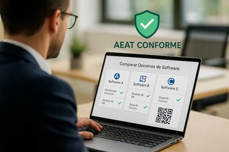 Un empresario revisando en su portátil una comparativa de diferentes software Verifactu, con un icono de la AEAT y un escudo de cumplimiento.