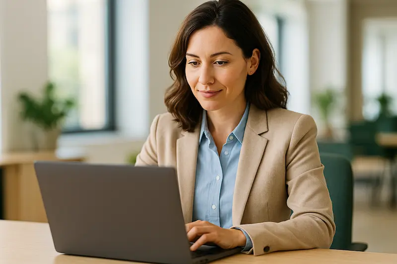 Emprendedora gestionando el Kit Digital para factura electrónica en su ordenador en 2025, simbolizando la ayuda y modernización.