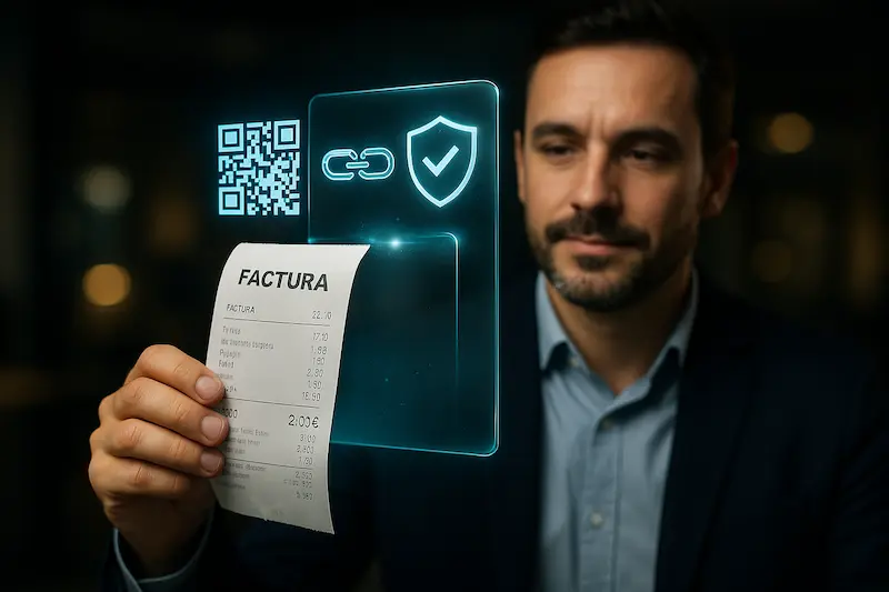 Modelo factura verifactu y brillante con un escudo de verificación, mostrando el modelo de factura Verifactu con sus componentes clave como el código QR y el HASH encadenado.