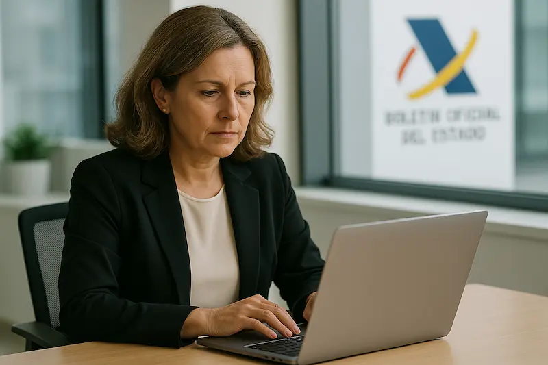 Reglamento Verifactu 2025: Qué Exige el BOE y Cómo Cumplirlo Sin Sanciones 7 Reglamento Verifactu 2025 BOE con una empresaria revisando documentos técnicos en su ordenador y el logo de la AEAT de fondo.