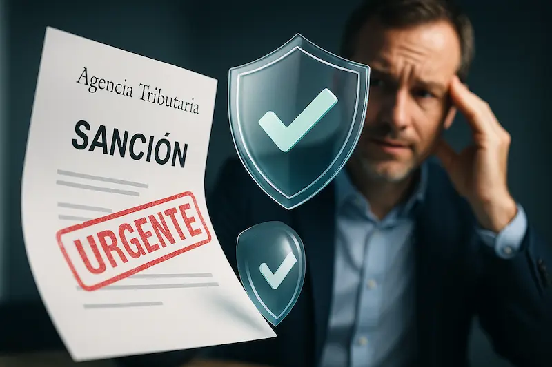 Sanciones Verifactu 2025: concepto visual de una multa de la AEAT junto a un escudo protector y un empresario preocupado.