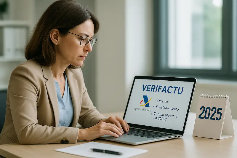 Una empresaria revisando información sobre Verifactu que es en su ordenador, con el logo de la AEAT y un calendario marcando 2025.