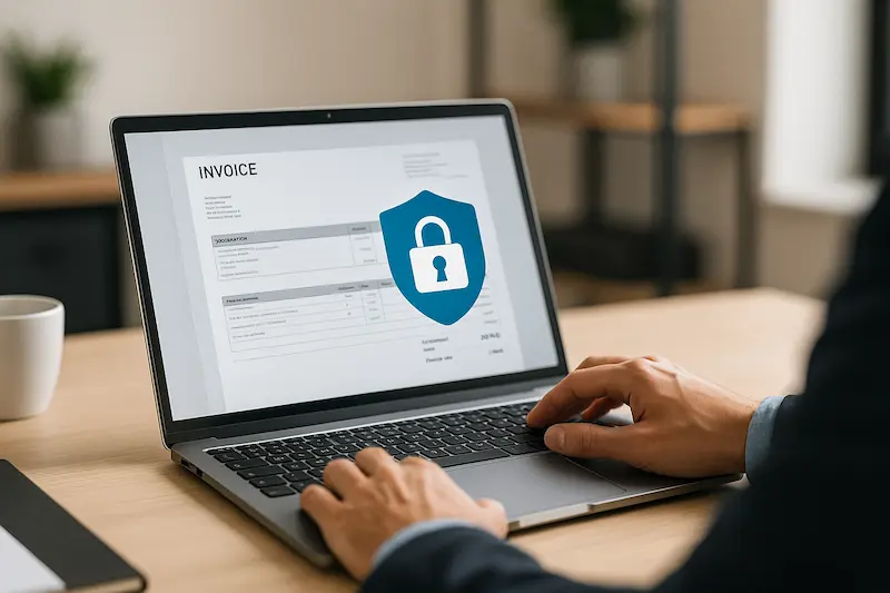 Una persona utilizando un certificado digital en un portátil para firmar una factura electrónica, simbolizando seguridad y cumplimiento en 2025.