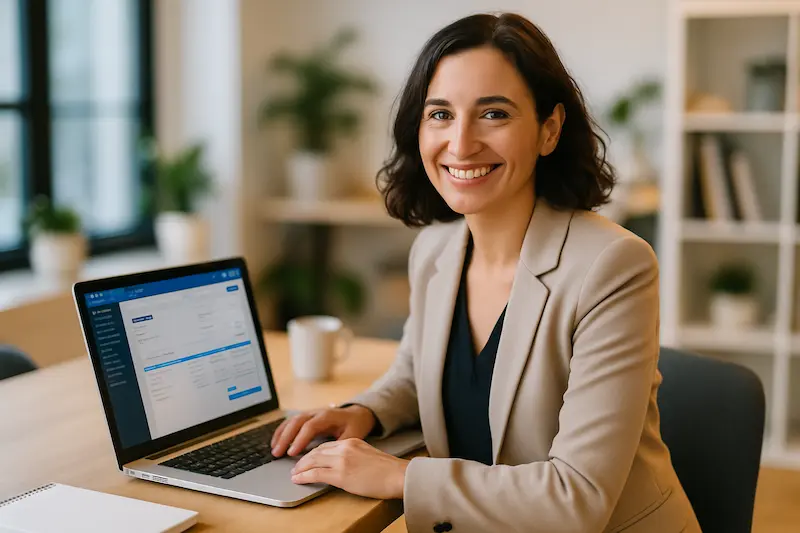 Autónoma sonriente gestionando su factura electrónica autónomos de forma eficiente en su laptop.