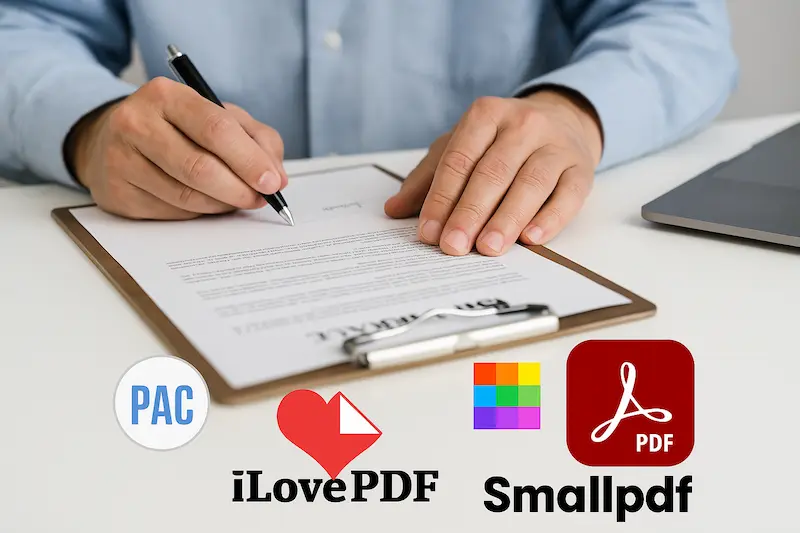 Collage de los logos de las principales herramientas para realizar una firma digital PDF: AutoFirma, Adobe Reader, iLovePDF y SmallPDF.