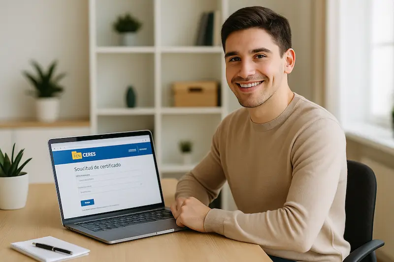 Persona sonriente mostrando cómo obtener certificado digital en su ordenador portátil en casa.