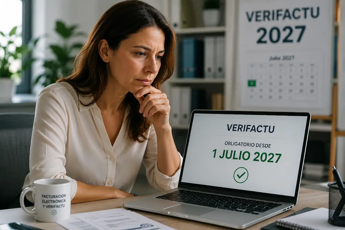 Autónomo revisando la entrada en vigor de VeriFactu en 2027 desde su portátil