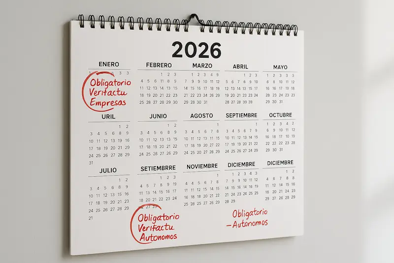 Calendario con las fechas de cuándo entra en vigor Verifactu en 2026 para empresas y autónomos.