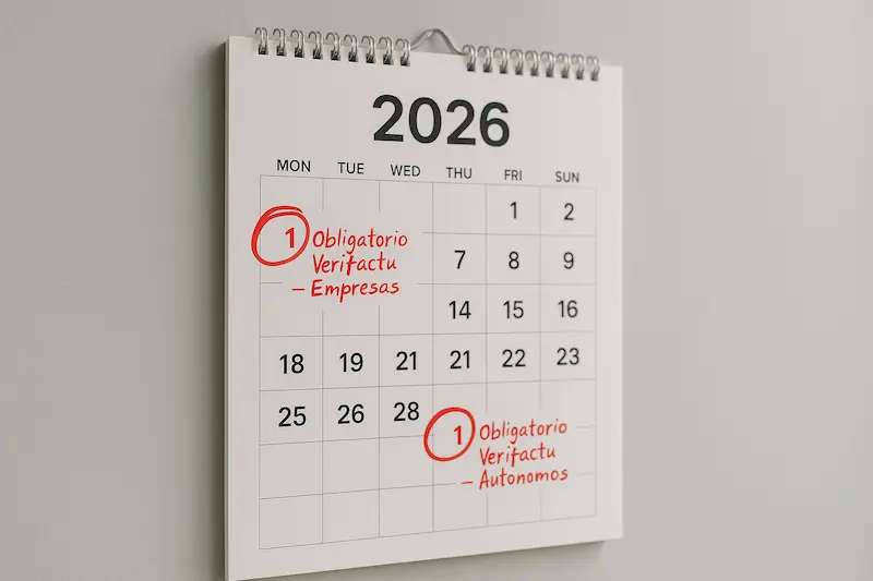 Calendario señalando las fechas clave de cuándo va a ser obligatorio Verifactu en España durante 2026 para empresas y autónomos.