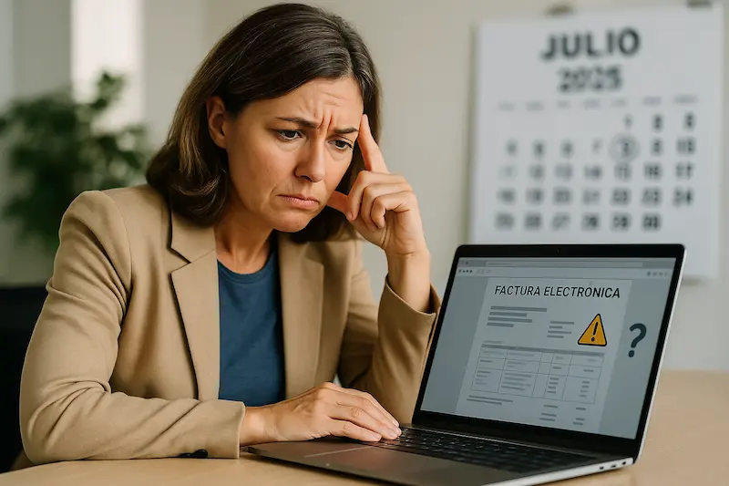 Persona autónoma con expresión de duda frente a un ordenador portátil que muestra una factura electrónica con iconos de advertencia, y un calendario con 2025 resaltado.