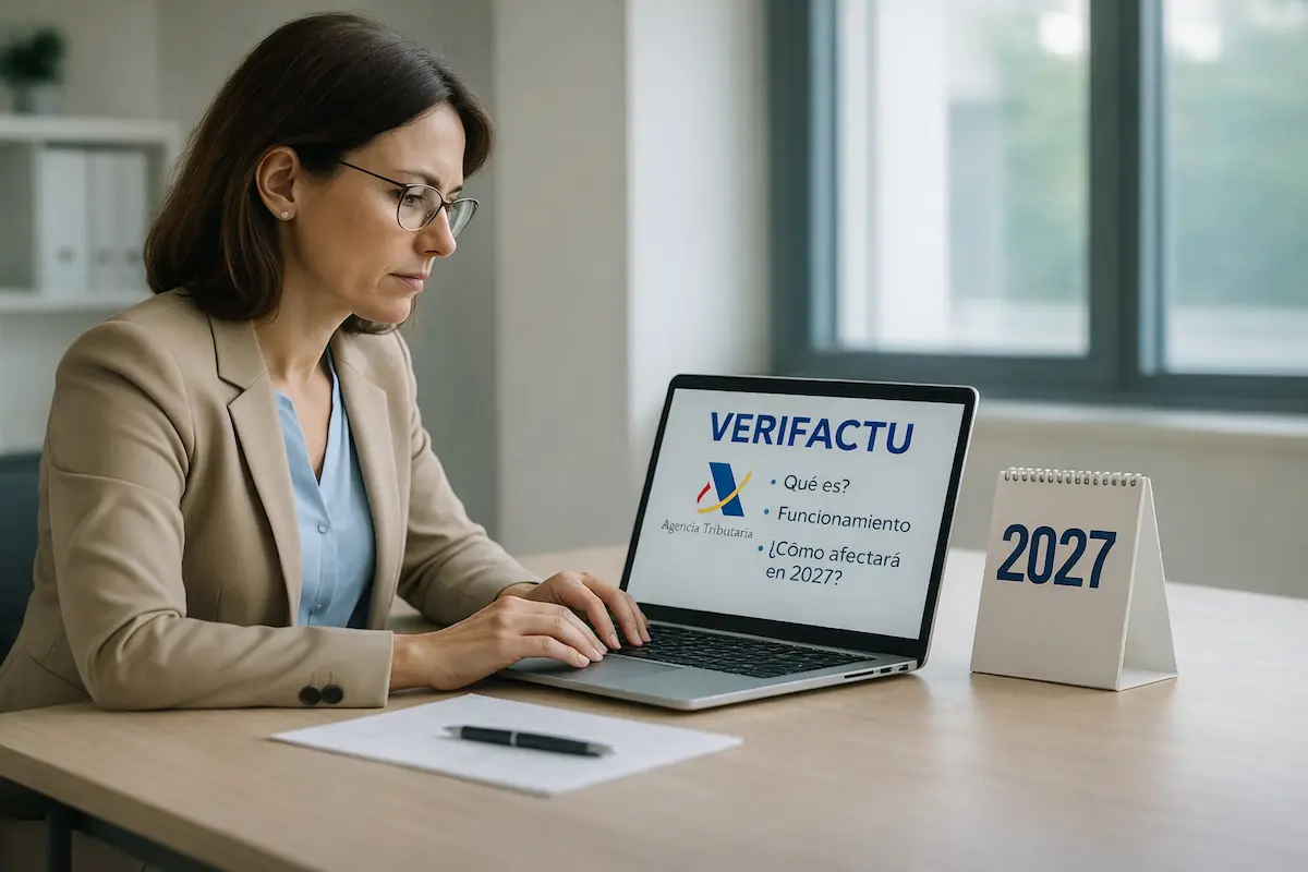 Una empresaria revisando información sobre Verifactu que es en su ordenador, con el logo de la AEAT y un calendario marcando 2027.
