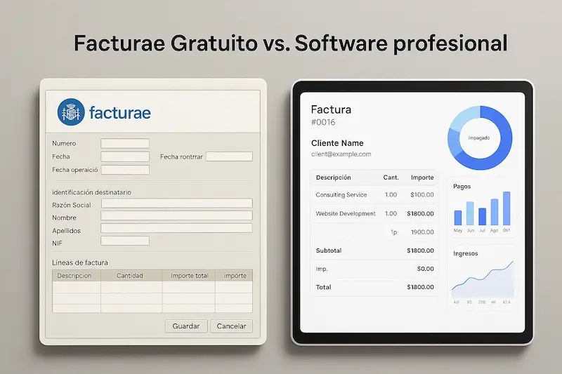 Comparativa visual entre la interfaz que es gratuita la aplicación Facturae del Gobierno y un software de facturación moderno.