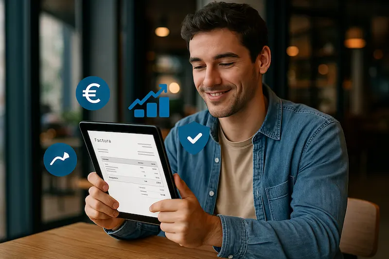 Una persona sonriendo mientras mira una factura electrónica en su tablet, con iconos de dinero y un escudo de garantía flotando alrededor. Qué beneficios tengo al pedir una factura electrónica.