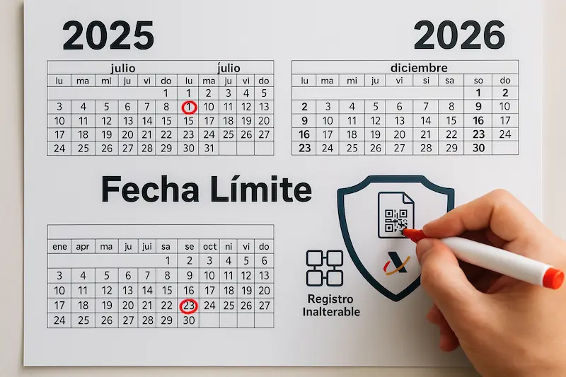Un calendario de 2025 y 2026 con las fechas clave de la obligación de la factura electrónica marcadas en rojo. Cuándo empieza a ser obligatoria la factura electrónica.