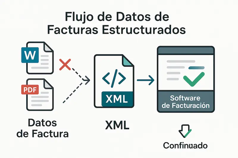 Infografía que muestra el proceso correcto de cómo convertir una factura electrónica a XML usando un software de facturación.