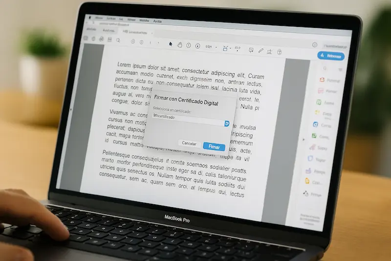 Una persona firmando digitalmente un documento PDF en su ordenador, con el cuadro de diálogo de la firma digital visible. Cómo firmar un documento con firma digital.