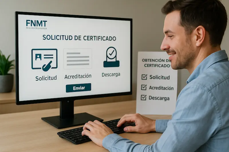 Una persona siguiendo una guía paso a paso en su ordenador, cómo obtengo una firma electrónica verificada
