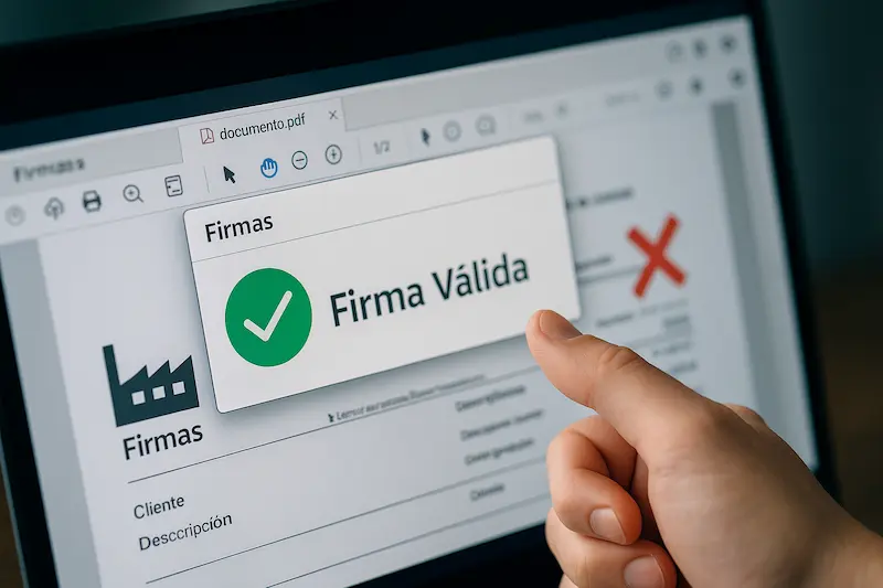 Una persona mostrando cómo se verifica la validez de una firma digital en un documento, con un tick verde de confirmación.