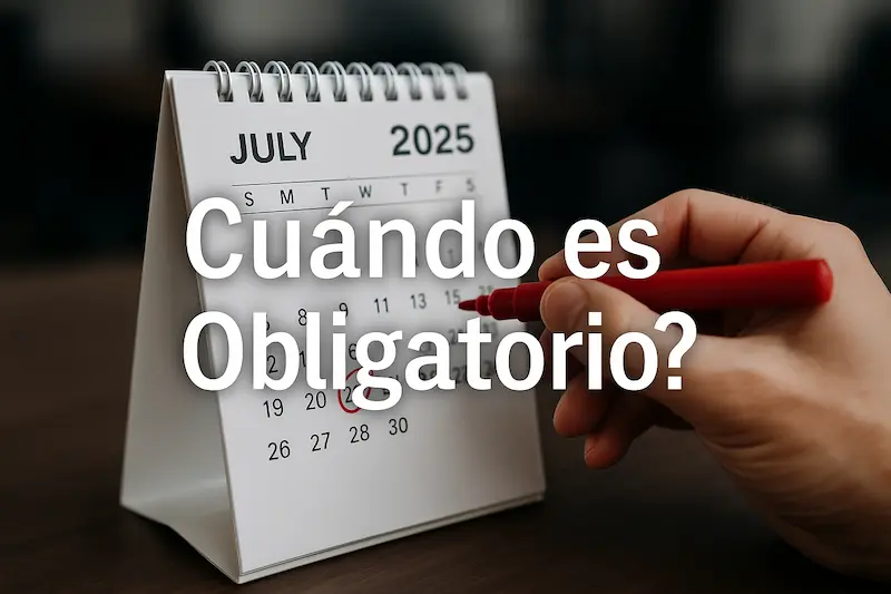 Un calendario de 2025 con una fecha marcada en rojo y la pregunta "¿Cuándo va a ser obligatoria la factura electrónica?".