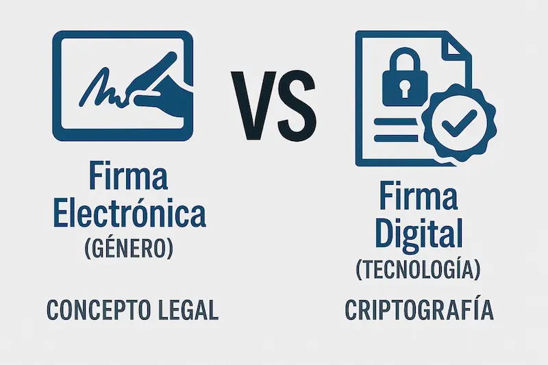 Una infografía comparando una firma electrónica simple (una rúbrica) con una firma digital segura (un candado criptográfico). Cuál es la diferencia entre una firma digital y una firma electrónica.