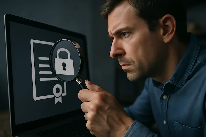 Una persona buscando con una lupa en una pantalla de ordenador para encontrar dónde se guarda la firma digital en el ordenador.
