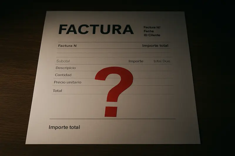 Un documento de factura con un gran signo de interrogación en el lugar de la firma. Es legal una factura sin .firma