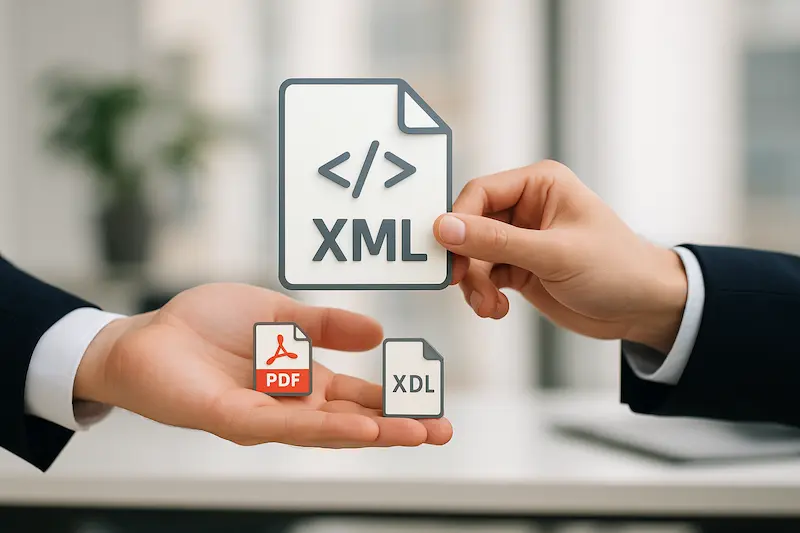Es obligatorio enviar el archivo XML de una factura electrónica. Una mano entregando un archivo XML, que es obligatorio, en lugar de un archivo PDF.