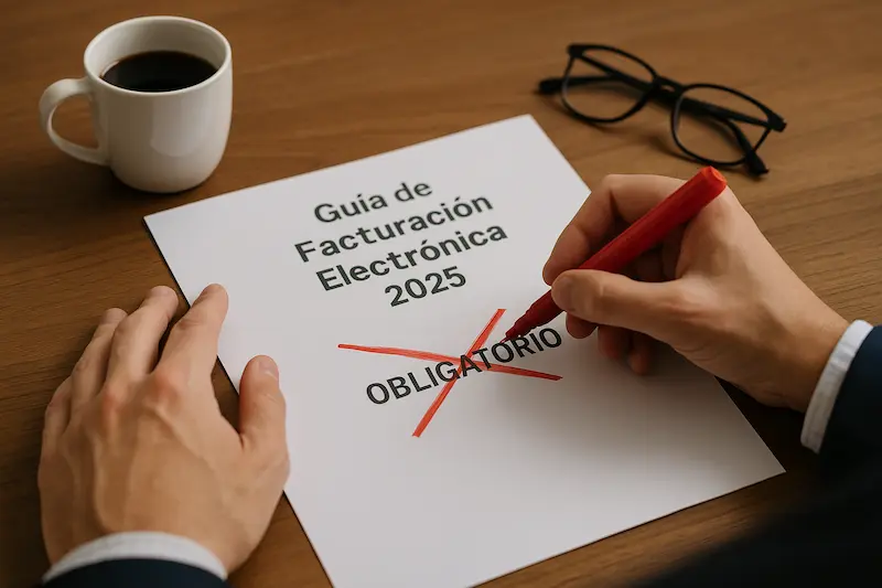 Una persona tachando la palabra "Obligatorio" en un documento sobre factura electrónica, representando a quiénes no están obligados a facturar electrónicamente.