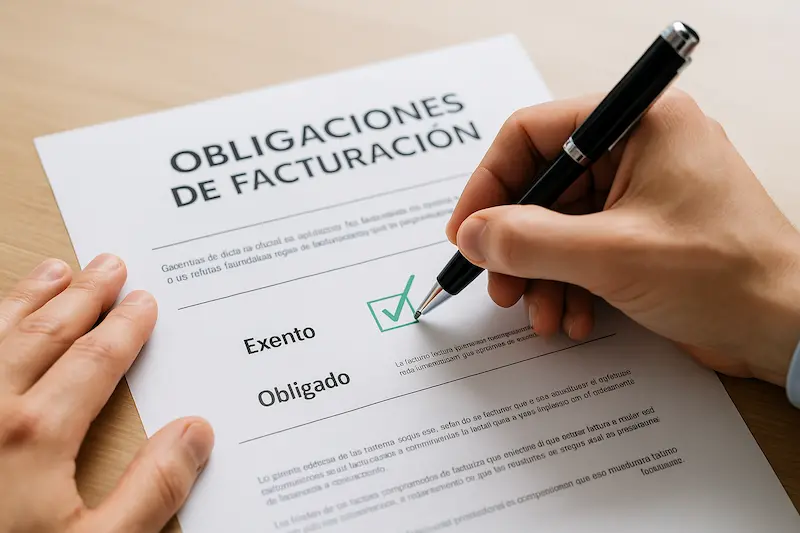 Una persona revisando un documento de ley y marcando una casilla de "Exento" en la sección de factura electrónica. ¿Quién está exento de emitir una factura electrónica?